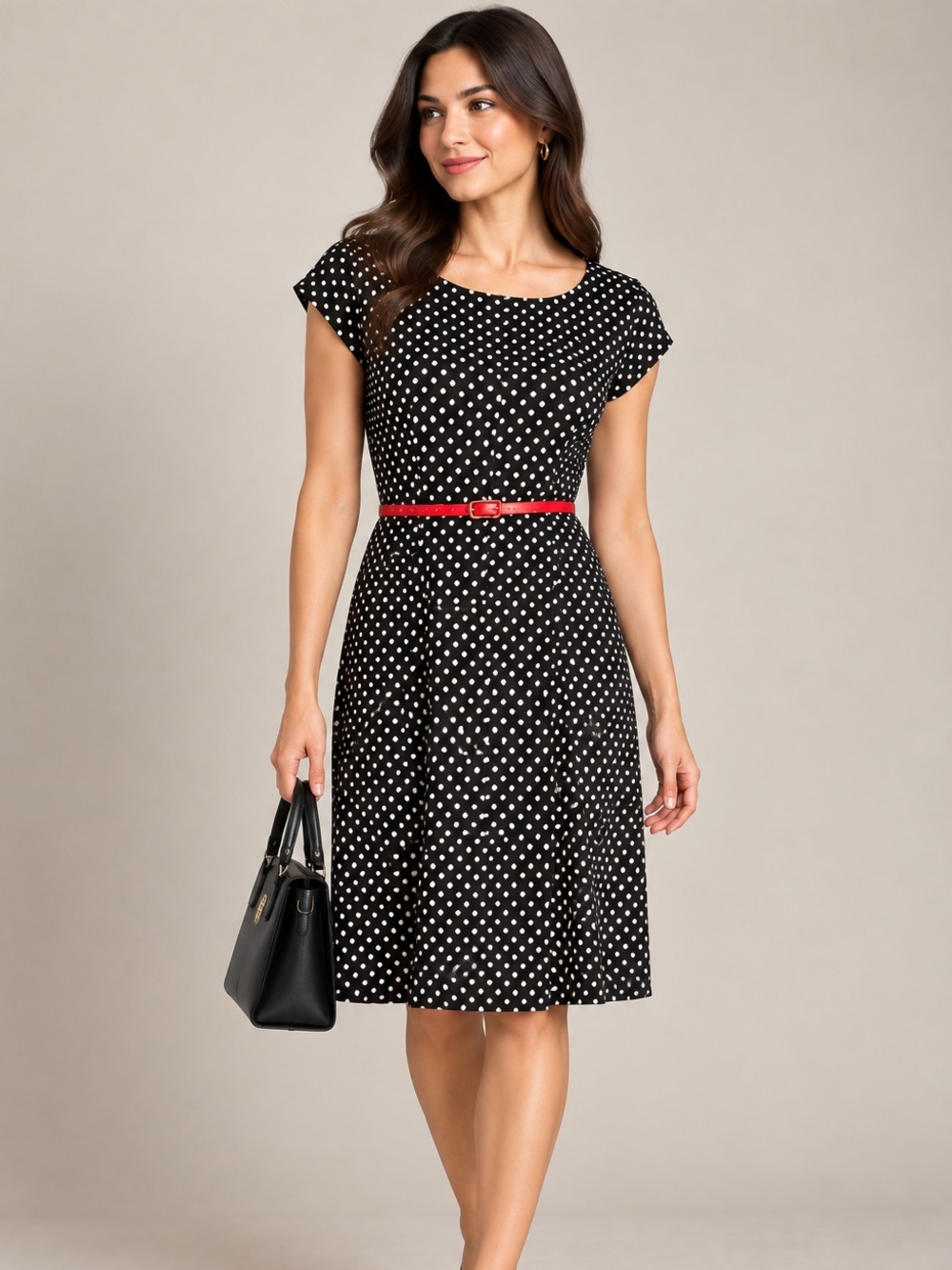 Anne Klein Black Polka Dot Dress with Red Belt